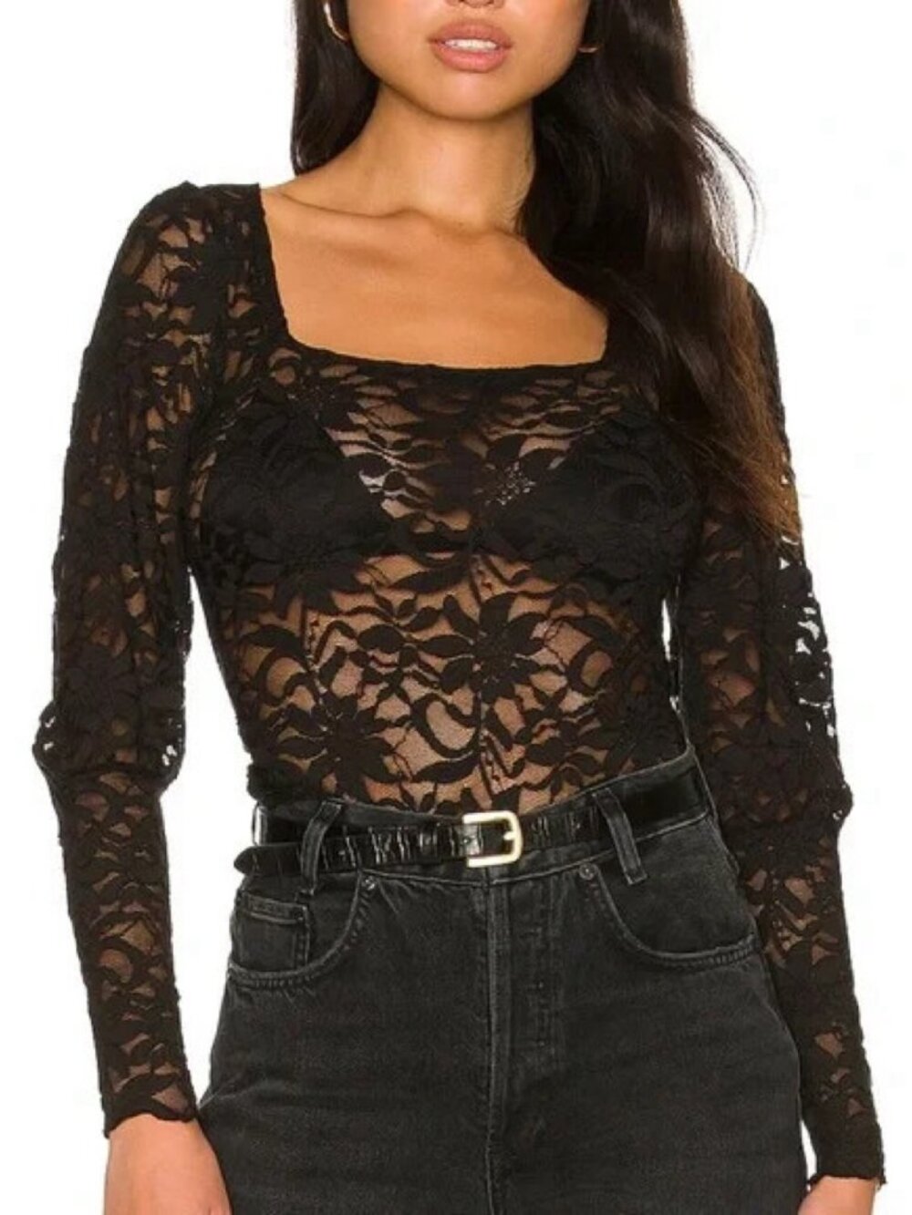 Free People Intimately Long Distance Layering Sheer Black Lace Top | XS